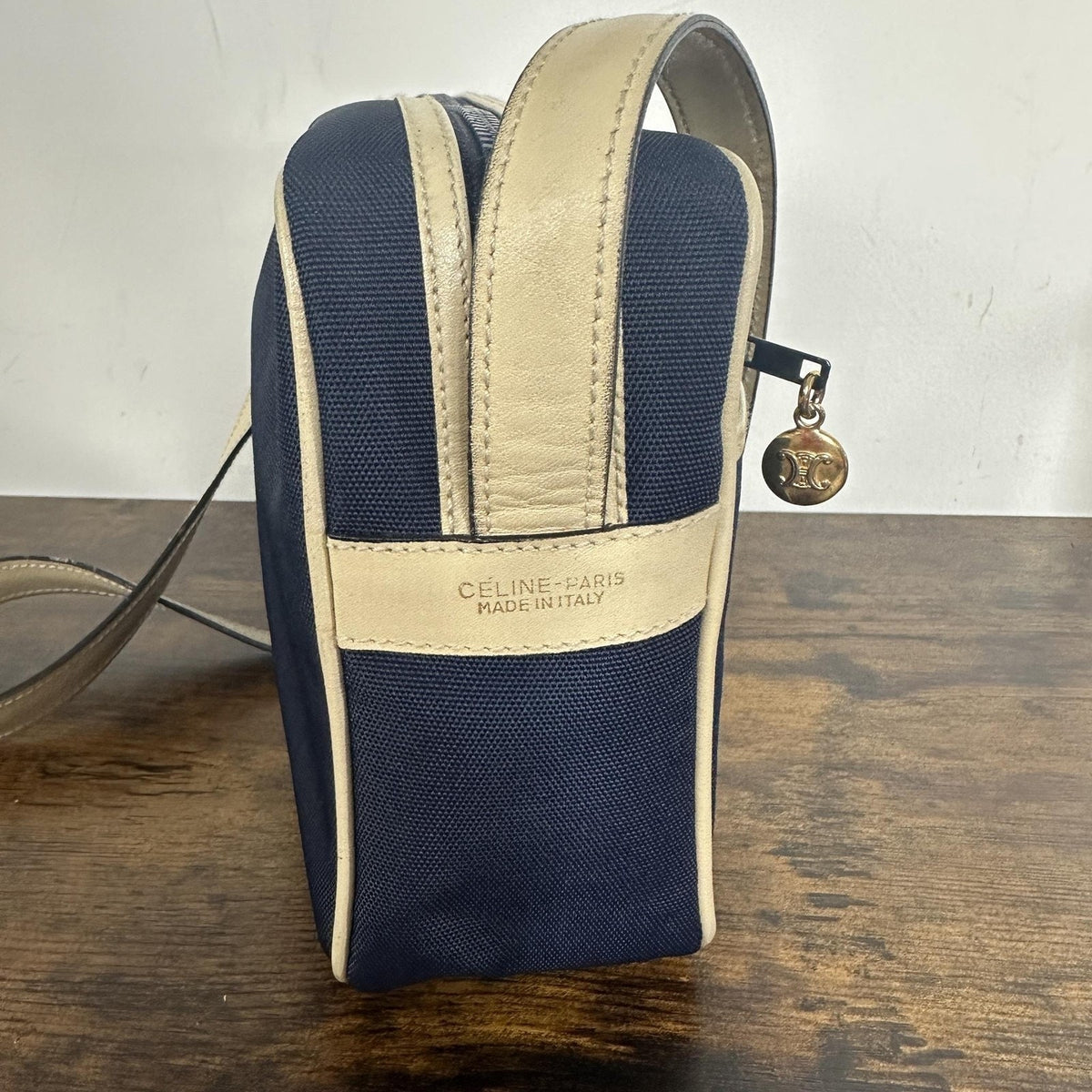 Celine Vintage Crossbody Bag Medium Navy Blue Canvas Leather Italy Classic