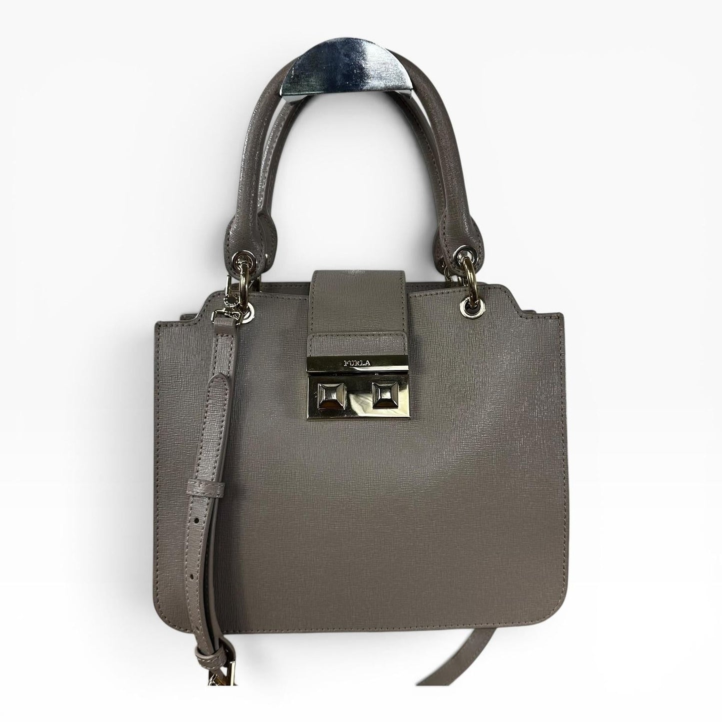 Furla Satchel Crossbody Bag Womens Small Gray Leather Top Handle Gold Hardware