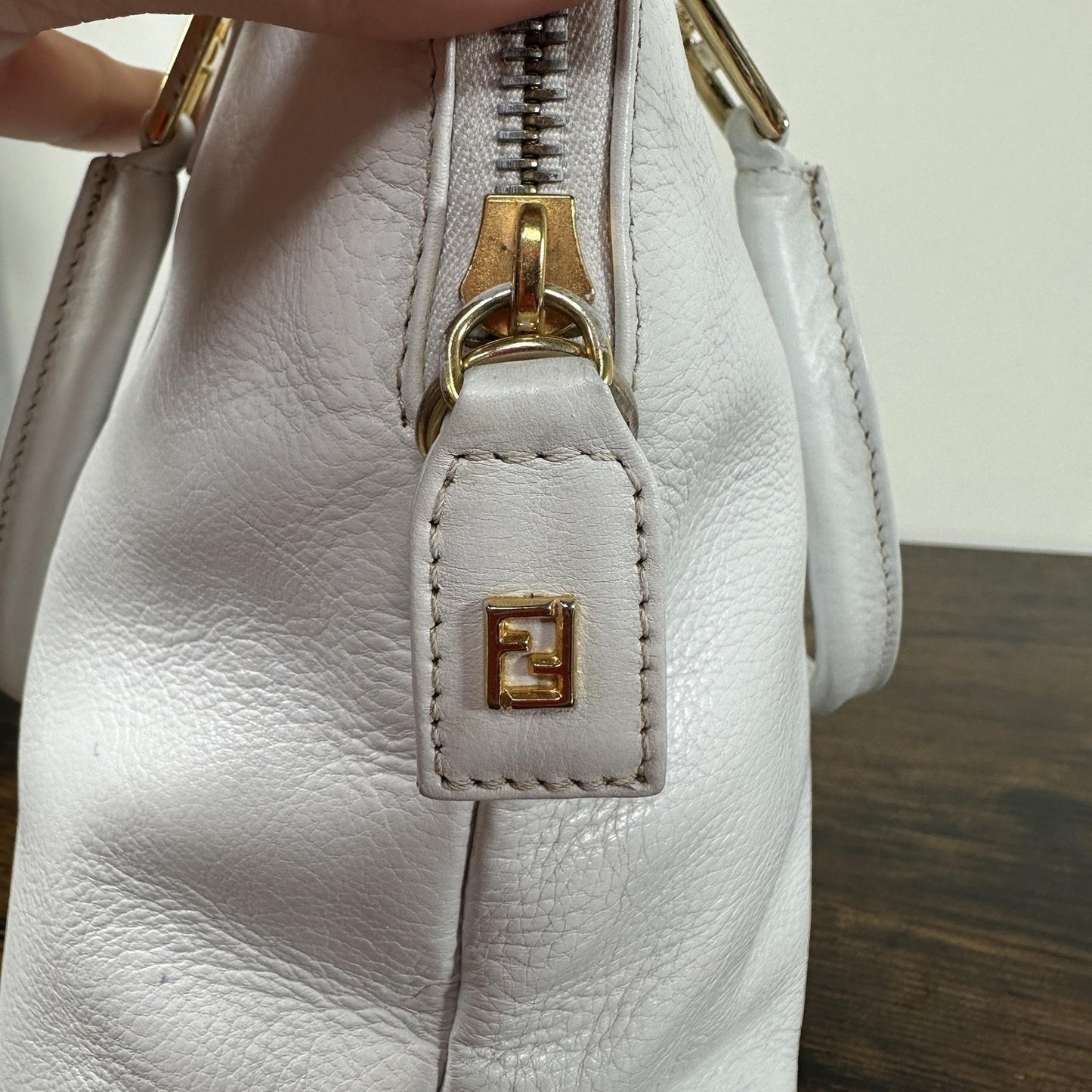 Fendi Vintage Satchel Bag Womens Medium White Leather Italy Top Handle FF