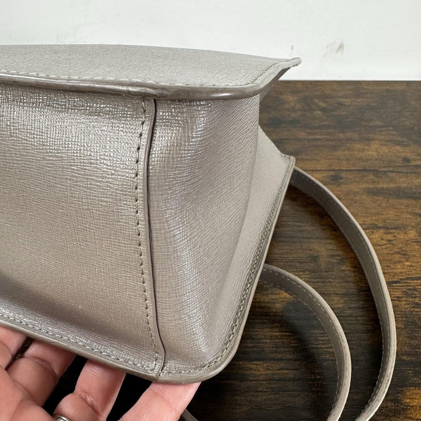 Furla Satchel Crossbody Bag Womens Small Gray Leather Top Handle Gold Hardware