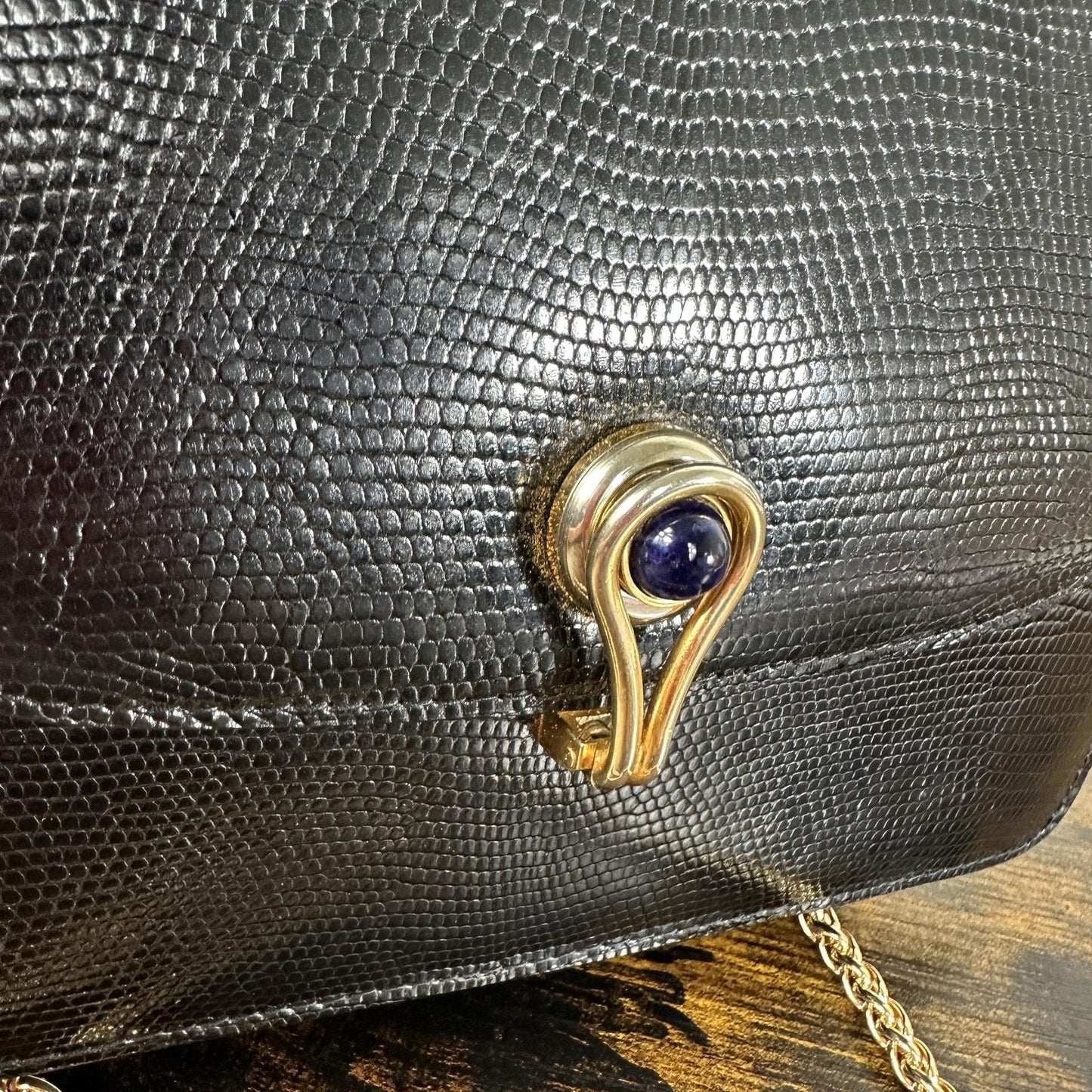 Gucci Lapis Lazuli Lizard Skin Vintage Bag Small Black Leather Italy