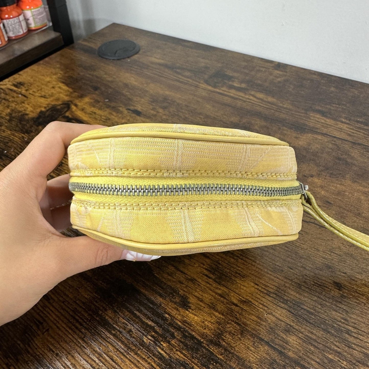 Chanel Vintage Travel Line Round Mini Pouch Bag Yellow Canvas CC Logo Wristlet