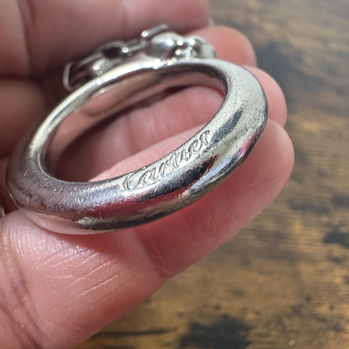 Cartier Silver Metal Panther Circle Keychain Bag Charm Engraved Pendant