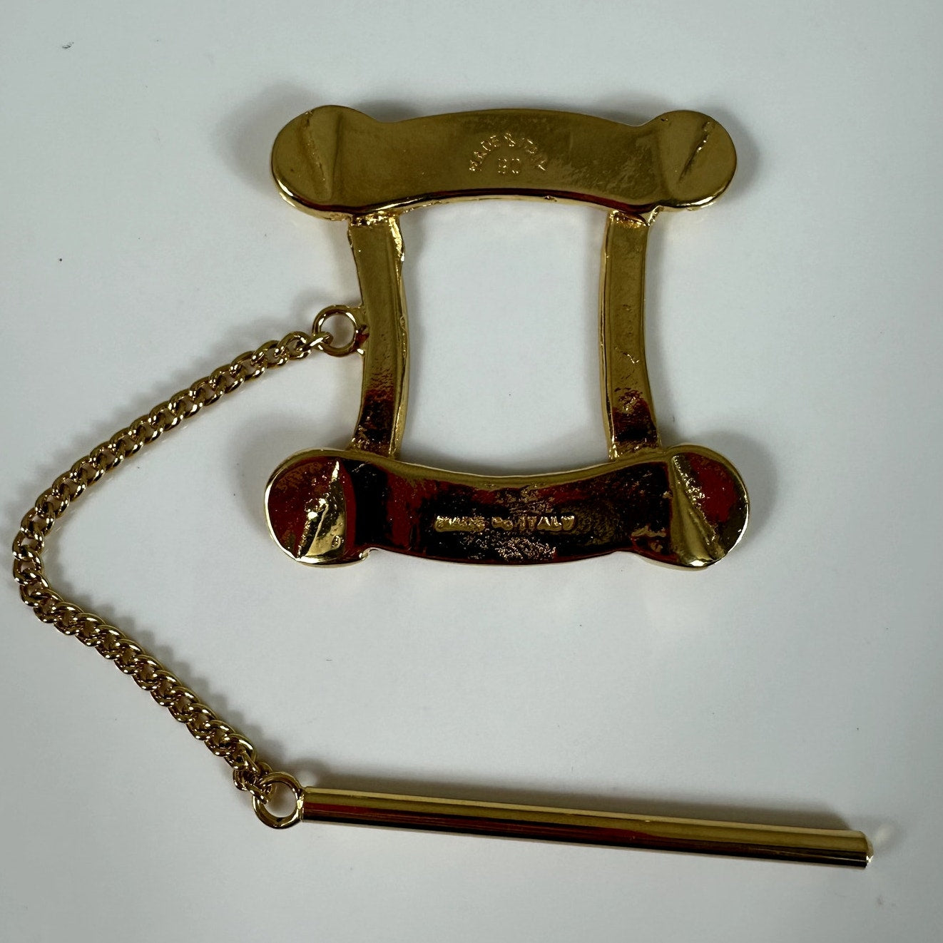 Vintage CELINE 1990 Gold Tone Scarf Clip Brooch Bar Frame Made in Italy Chain