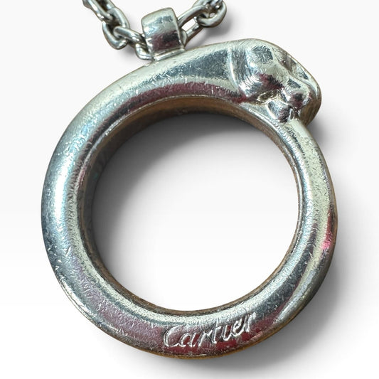 Cartier Silver Metal Panther Circle Keychain Bag Charm Engraved Pendant
