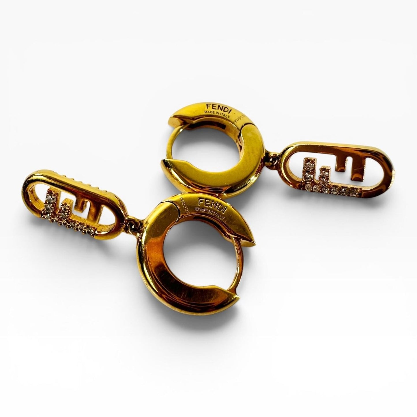 Fendi FF Logo Gold Tone Rhinestone Logo Huggie Drop Earrings 1.5in Made In Italy