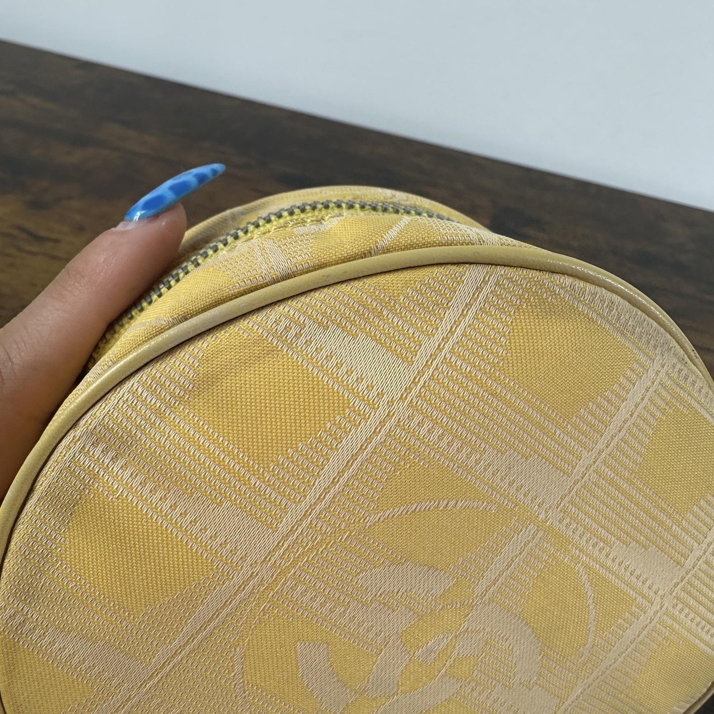 Chanel Vintage Travel Line Round Mini Pouch Bag Yellow Canvas CC Logo Wristlet