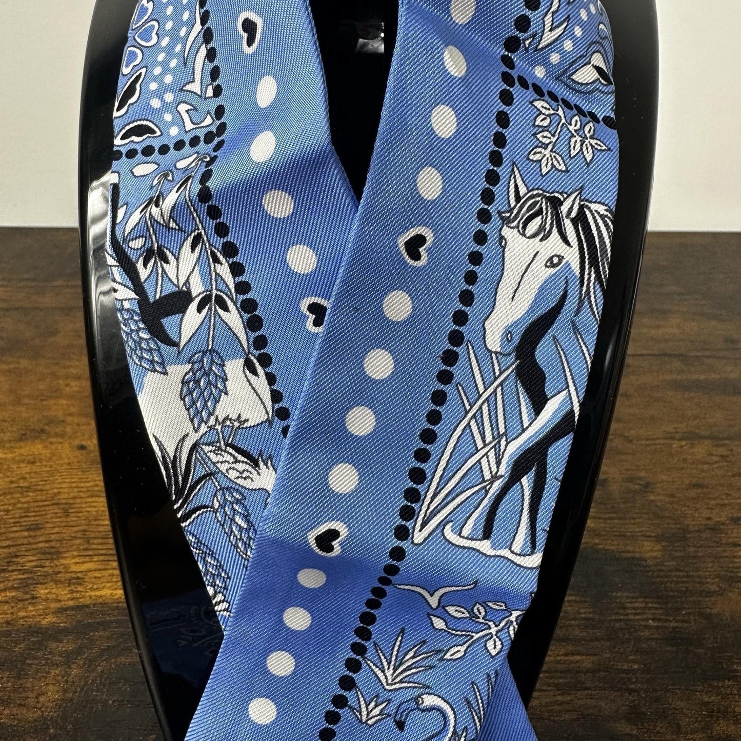 Hermes Twilly Scarf Womens One Size Blue Silk Horse Polka Dot Bandeau France