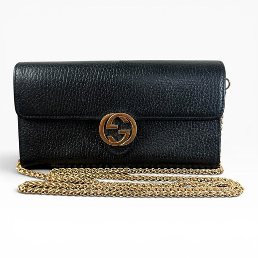 Gucci Interlocking G Wallet Crossbody Womens Small Black Leather Chain Strap