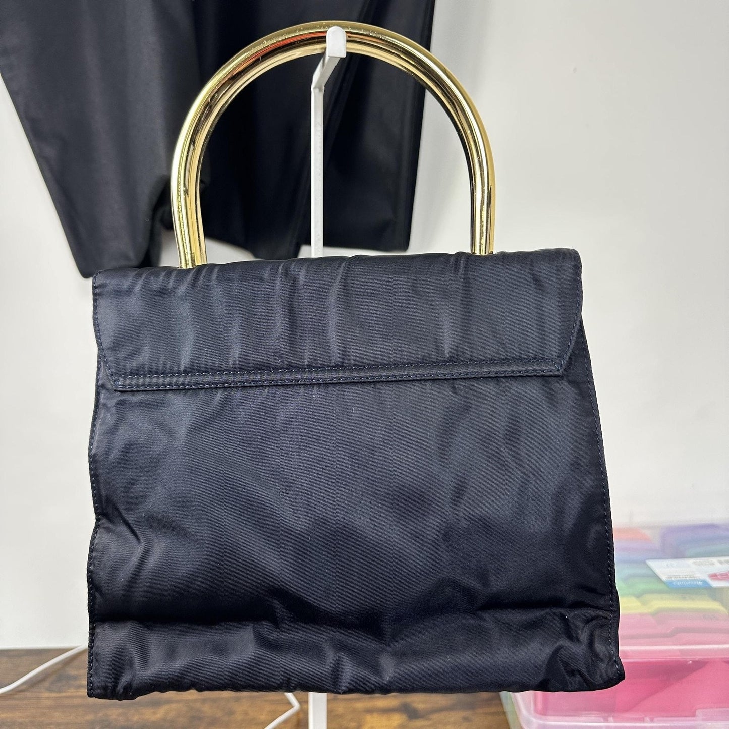 Prada Nylon Top Handle Bag Womens Small Blue Gold Metal Handle Italy Authentic