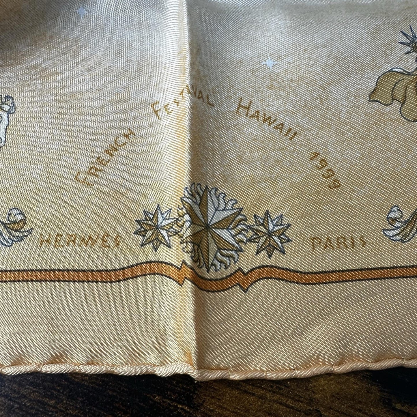 Hermes Vintage French Festival Hawaii Scarf Gold Silk Square France 16.5”